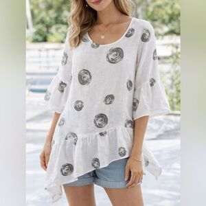 Camille & Co White Linen Asymmetrical Tunic Top Abstract Print M